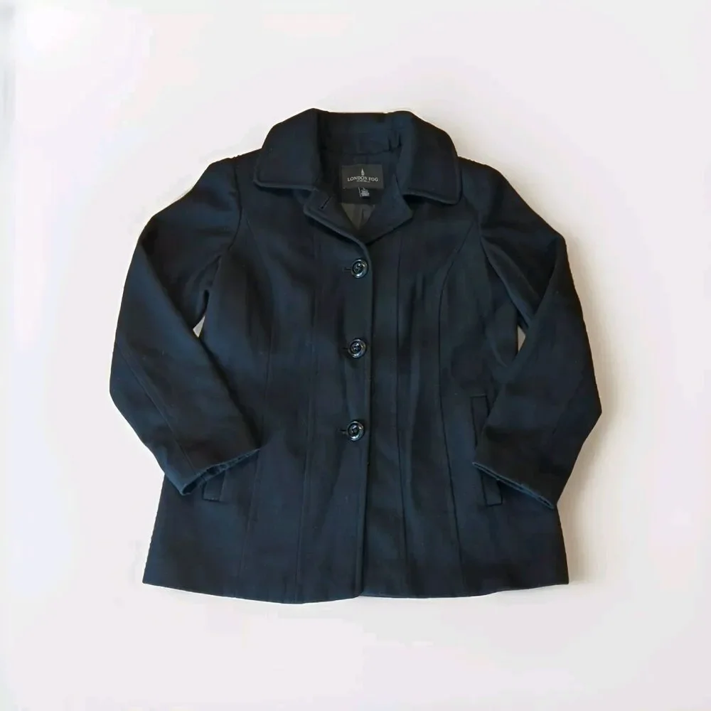 London Fog Peacoat Jacket Womens Large Black Wool Blend Pockets Lined